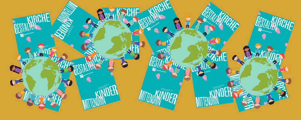 Gezeichnete Weltkugeln um die Kinder stehen. 
