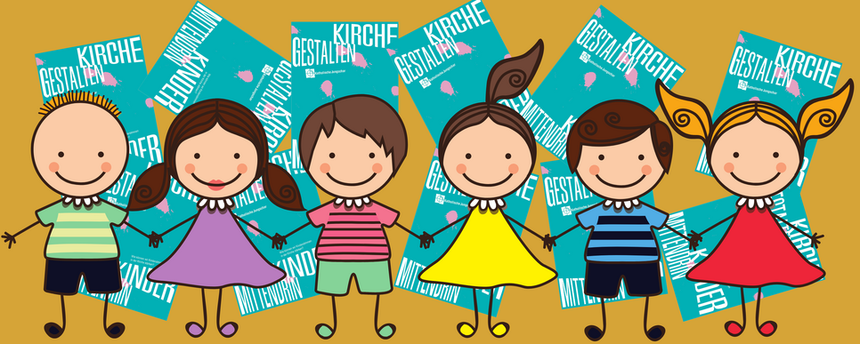 Comic Zeichnungen von Kindern, die sich an den Händen halten. 