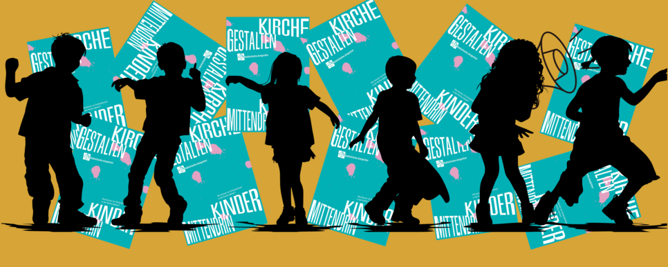 Vor einem Hintergrund aus blauen Plakaten mit der Aufschrift „Kirche gestalten – Kinder mittendrin“ sind die schwarzen Silhouetten spielender Kinder zu sehen.