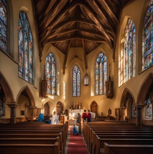 Der Innenraum einer Kirche, mit hohen, bunten Glasfenstern und einem Gewölbedach, ist zu sehen. Einige Menschen stehen vorne im Altarbereich, während die Bänke größtenteils leer sind.